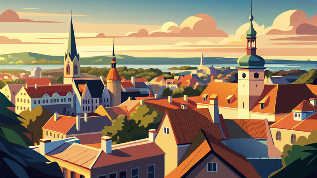 Very beautiful view from Saint Olaf&rsquo;s Church tower overlooks Tallinn Old Town, Estonia, revealing church spires, medieval roofs, city walls, and Baltic horizons blending history and urban beauty.