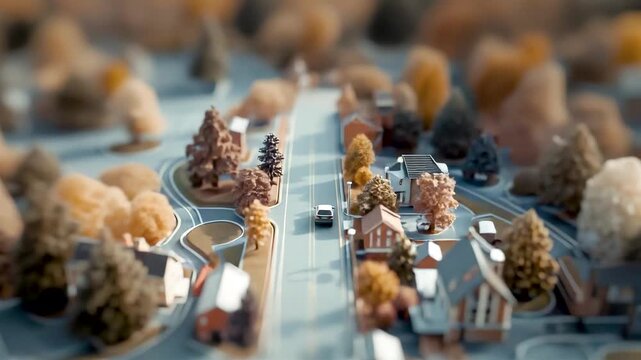 Miniature Winter Village Scene with Tiny Houses Snow Covered Trees Road and Orange Autumn Foliage Model
