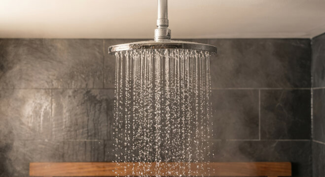 Close-up of modern chrome shower head with falling water and steam bathroom faucet