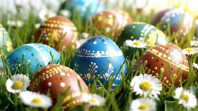 Vibrant patterned Easter eggs resting among green grass and blooming daisies under bright sunlight