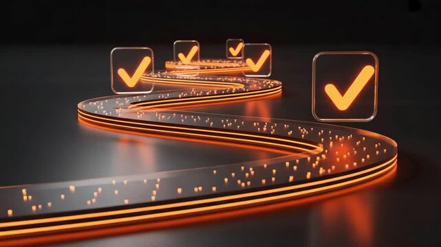 Glowing orange checklist with checkmarks on futuristic road