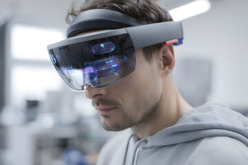 Close up of a man wearing a high-tech augmented reality headset showing holographic data interface