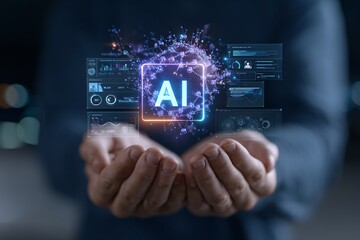 Obraz premium Person holding AI technology interface with data analytics