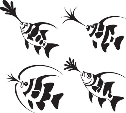 Stylized black and white silhouette of four archerfish shooting a water jet upward