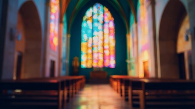 pew. Stained glass window in a church casting colorful light on empty pews. event programs, museum guides, designed for cultural heritage projects and event programs.
