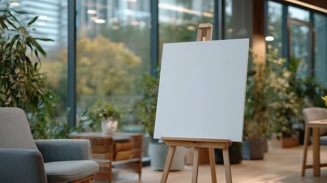 119Blank flip chart on an easel centered in a stylish modern workspace, Scandinavian-inspired interior design, soft daylight and calm tones, ample negative space for text or graphics,