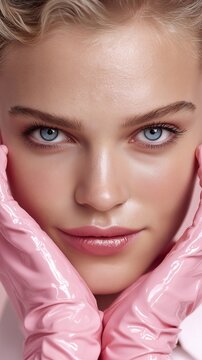 Nahaufnahme einer blau&auml;ugigen Frau mit rosa Handschuhen am Gesicht
