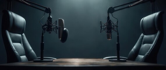 Podcast studio scene with microphones and chairs