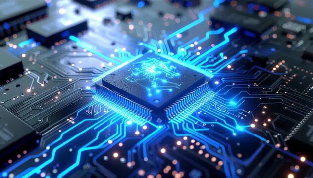 Powerful AI microprocessor with glowing blue circuit lines and digital data flow on motherboard (AI Generated)