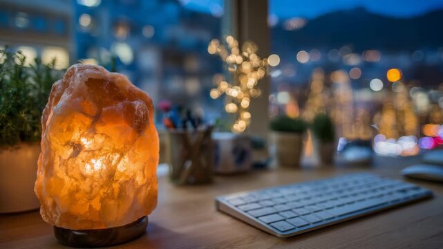 151Close-up of a natural salt lamp on a modern computer desk, warm orange glow contrasting with cool monitor light, keyboard and mouse subtly illuminated, peaceful work-from-home nigh