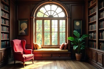 Fototapeta premium Sunlit library, elegant bookshelves, cozy window seat , living room, zoom background, sunlit room