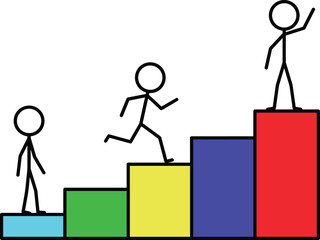 Illustration of stick figures climbing colorful blocks in ascending order &mdash; visual concept of growth, progress, and achievement, isolated on white background.