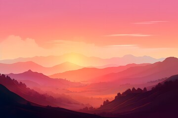 Obraz premium Glowing Pink‑Orange Sunset Over Hills and Fields, Peaceful Evening Landscape sunset in the mountains
