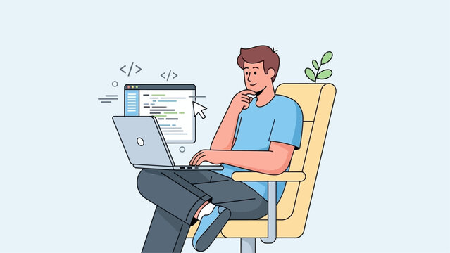 Young man programming on laptop with coding symbols around.