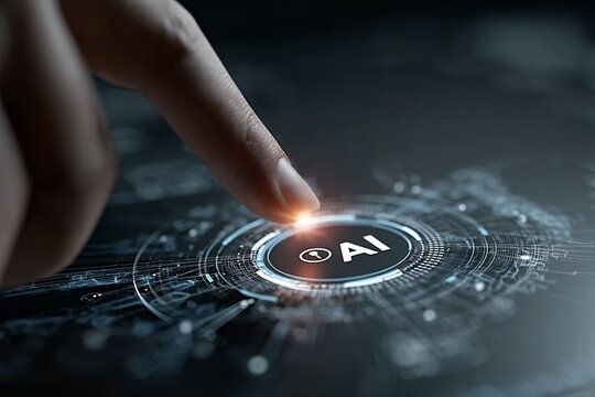 Person activating AI technology with finger touch on futuristic interface