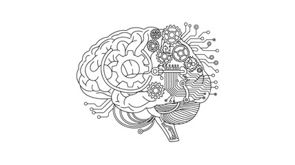 A detailed illustration depicts a human brain composed of intricate gears circuits and mechanical components high quality