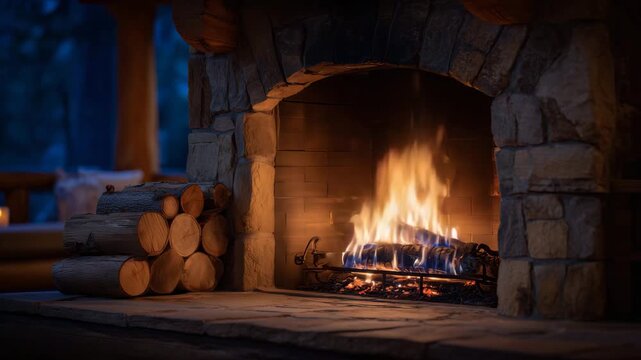 629Detailed shot of fireplace flames and stacked logs, stone structure textured with natural patterns, firelight illuminating logs and hearth, warm and inviting rustic ambiance