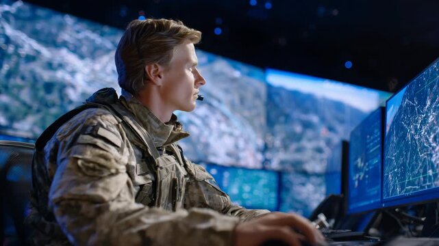 635Wide-angle view of military control room, soldier in uniform analyzing multiple digital screens, tactical maps and real-time data projected on monitors, cool blue ambient lighting,