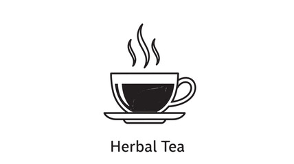 A simple illustration depicts a steaming cup of herbal tea with a green leaf inside high quality