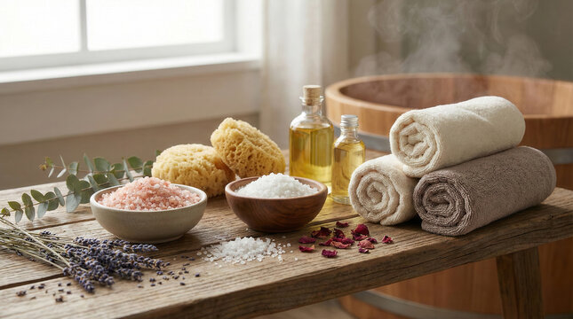 Oggetti per  il benessere e la cura del corpo con sali da bagno, oli e asciugamani. Generative AI 
