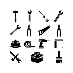 A comprehensive set of black silhouette icons depicting various essential hand tools and construction equipment.