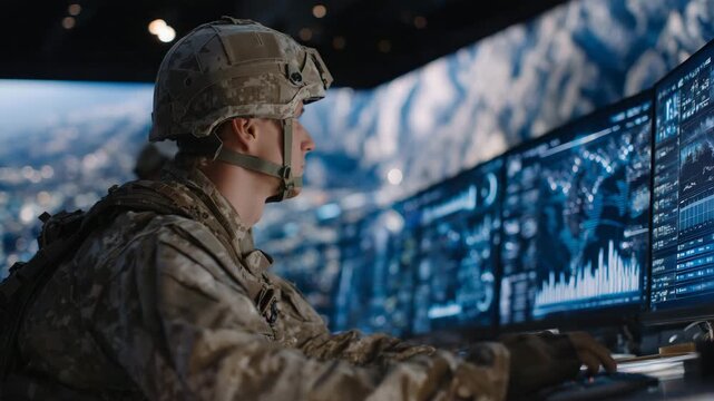 642Medium shot of soldier analyzing strategic data on multiple monitors, futuristic command center with holographic overlays, ambient reflections on metallic surfaces, tension and tac