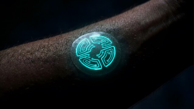 Glowing digital circuit tattoo on human skin, biohacking implant technology, subdermal smart device, cyberpunk body modification, future identity security
