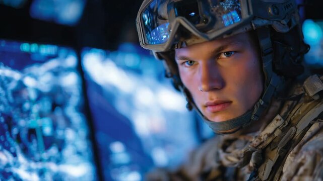 648Close-up of soldier&rsquo;s face illuminated by multiple tactical screens, serious expression, holographic maps and live data reflected on visor or goggles, intense control room ambiance