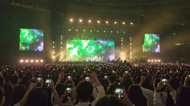 Green Screen back view huge crowd of people with phones in hands at live concert or show shot on red helium 8k prores 4444 scene 3 distortion, overlay, glitch, static noise, scan lines black