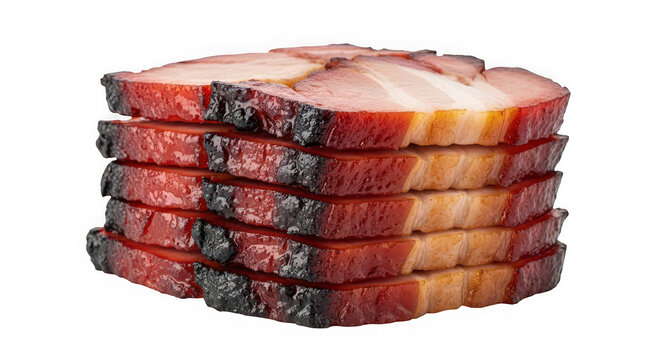 Stack of sliced char siu pork, a popular chinese barbecue dish, of transparent