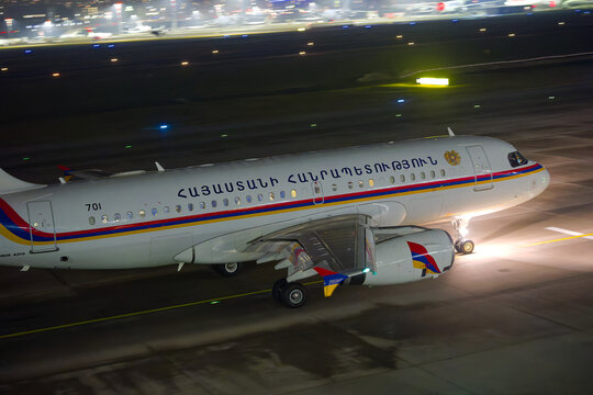 Armenia Government airplane type Airbus A319-100 ACJ registration 701 taxiing to runway at Swiss Z&uuml;rich Airport on a dark winter night. Photo taken January 22nd, 2026, Zurich, Switzerland.