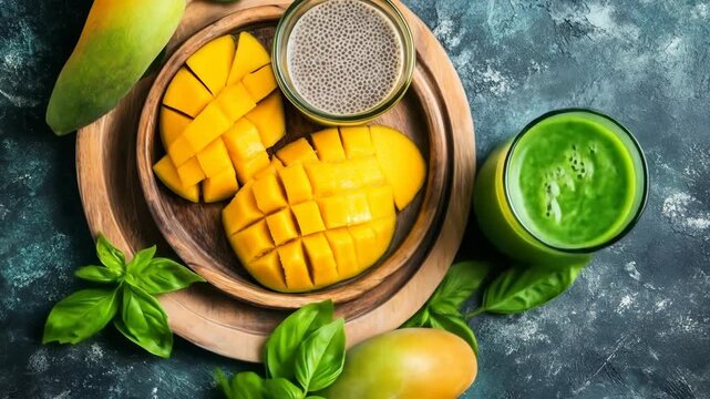 Fresh mango slices with chia seeds and green smoothie on wooden plate