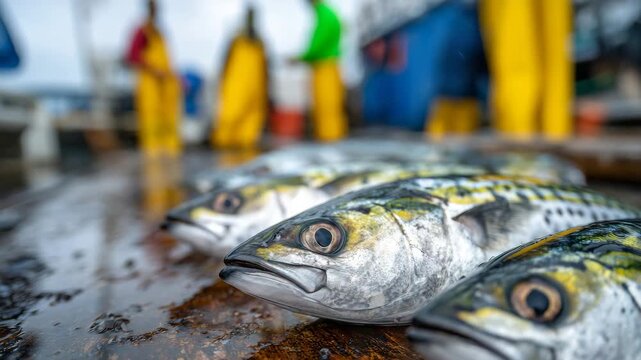 662Close-up of scales and eyes of freshly caught fish, arranged on wet deck, yellow-gear fishermen visible in blurred background, subtle reflections from water and overcast light, rea