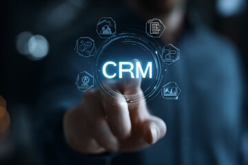 Businessman interacting with CRM interface on virtual screen