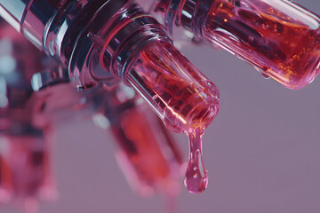 Close Up View of Pink Liquid Droplet Dripping from Laboratory Glassware in a Scientific Research Facility