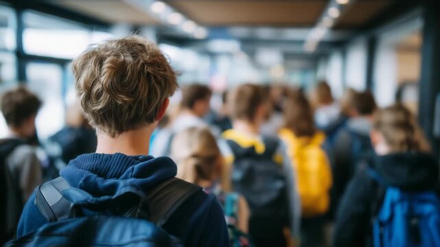 667Close-up of students waiting in line, backpacks on shoulders, casual attire, colorful school corridor blurred in background, highlighting diversity and attentive expressions