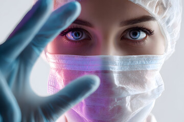 Extreme Close Up of Female Doctor or Surgeon Wearing Protective Face Mask and Surgical Cap in Clinical Environment