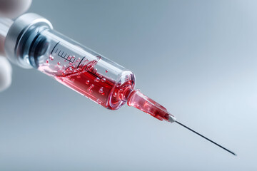 Close Up Macro View of a Medical Syringe Filled with Red Liquid Vaccine or Blood Sample Against Light Background
