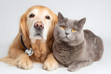Golden Retriever dog and gray British Shorthair cat sitting together with a stethoscope, veterinary and pet friendship concept