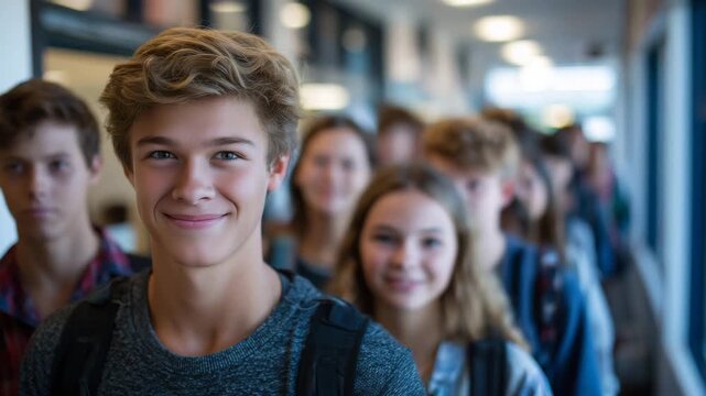 681Wide shot of students lined up in school hallway, casual clothing and backpacks, diverse group including different ages and ethnicities, natural light from windows illuminating fac
