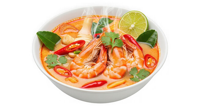 Tom yum goong soup with shrimp, chili, lime, and herbs, of transparent
