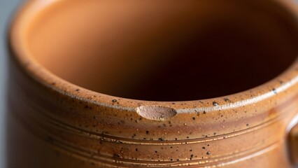 Close-up of a rustic brown ceramic mug's chipped rim. Handcrafted stoneware texture with earthy tones reveals the pottery's authentic, well-used, imperfect charm
