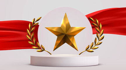 Shiny golden star award with laurel wreaths on a podium.