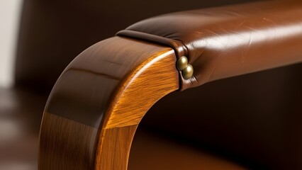 Close up of a vintage leather armchair armrest, showcasing rich brown tones and intricate wood grain details, with brass stud accents
