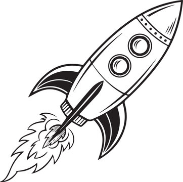 Retro Rocket Launch Illustration Black and White Isolated