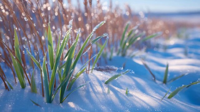 Macro view of young wheat stalks poking through snow, icy crystals on stems and leaves, soft shadow patterns on snow, serene agricultural winter scene