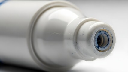 Close-up macro shot of the tip of a white marker, highlighting the blue ink residue and the precision applicator, offering a detailed view of writing tools