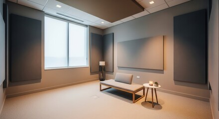 Fototapeta premium Interior of a modern, quiet room featuring acoustic panels and minimalist seating arrangement