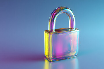 3D Render of a Translucent Iridescent Padlock on a Soft Blue and Purple Background, Concept of Cybersecurity and Digital Privacy Protection