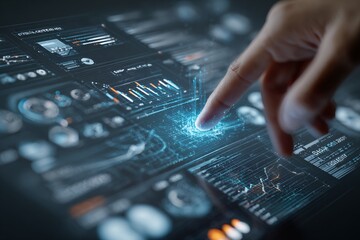 Finger interacting with futuristic data dashboard on touchscreen